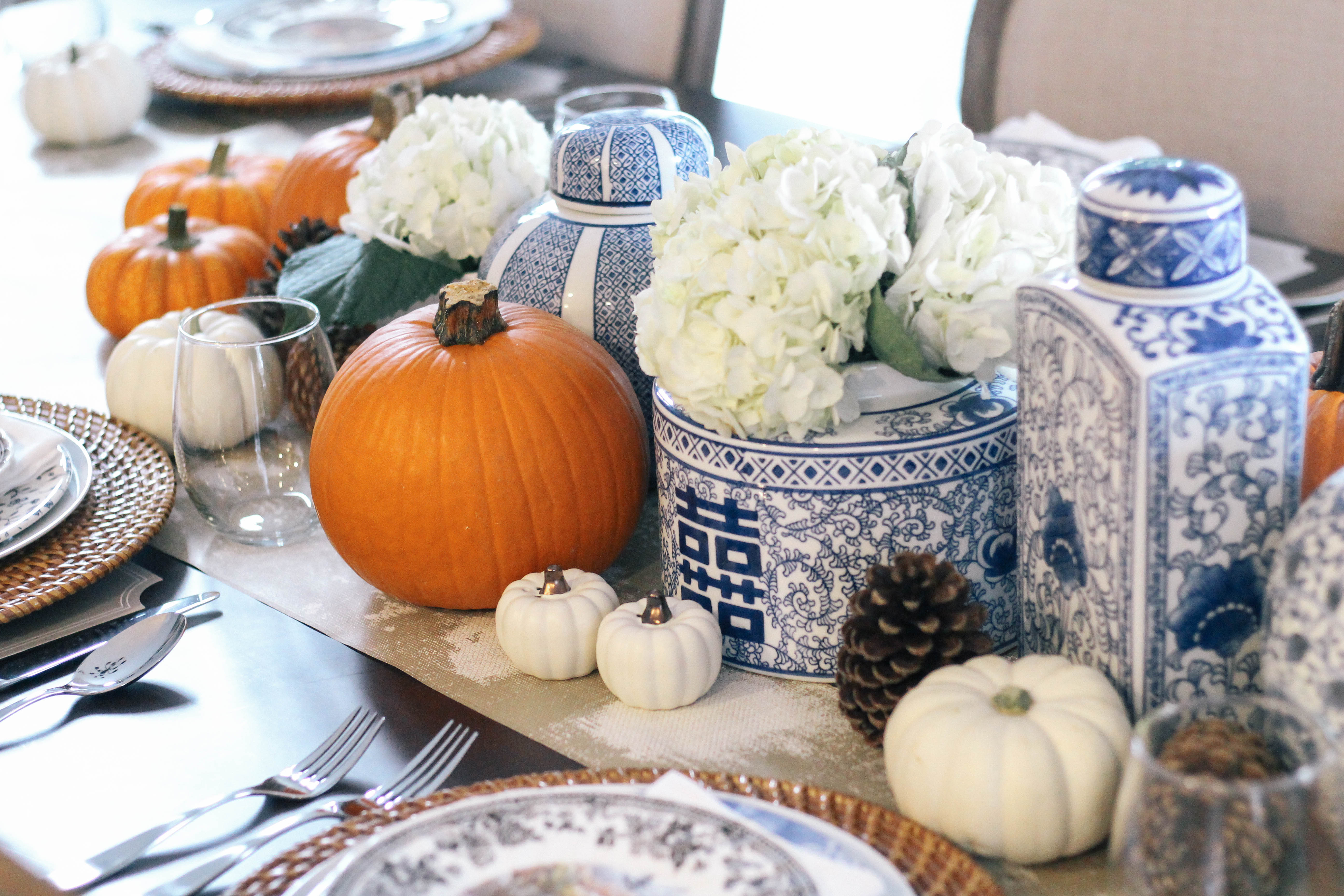 Thanksgiving-Tablescape-Ginger-Jars-Pumpkins-Blue-White-Orange-3