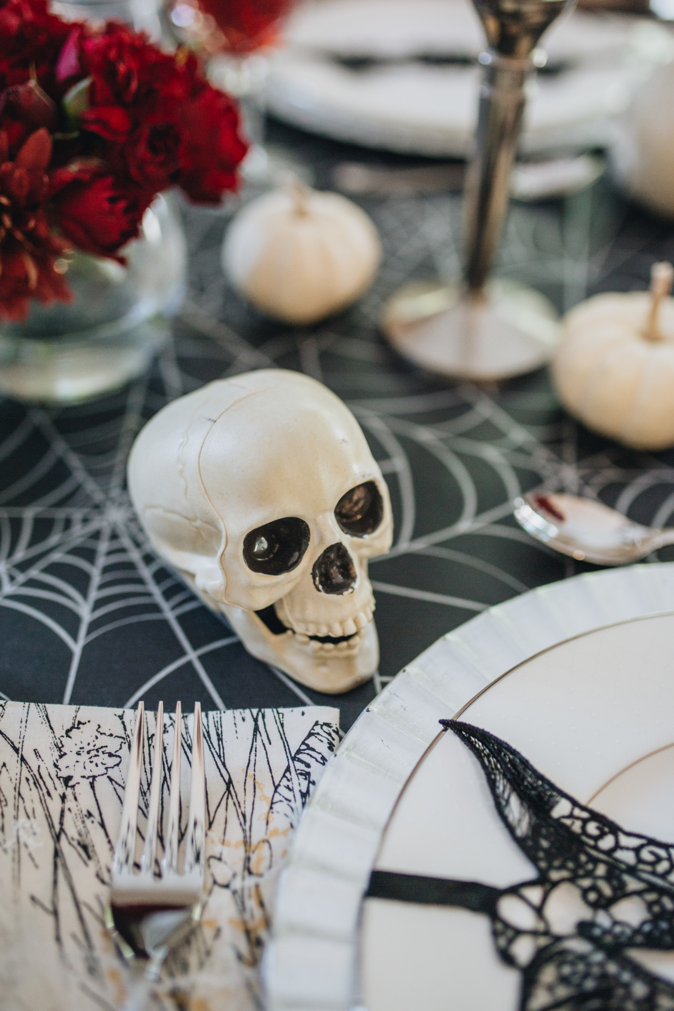 Elegant Black & Red Halloween Tablescape - Peachfully Chic