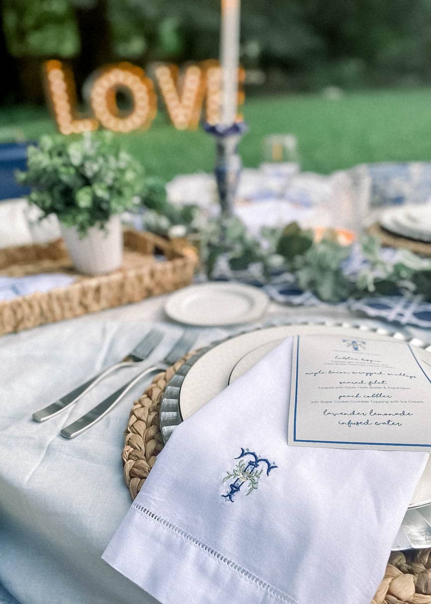 Love Marquee Letters & Custom Embroidered Napkins with Menu