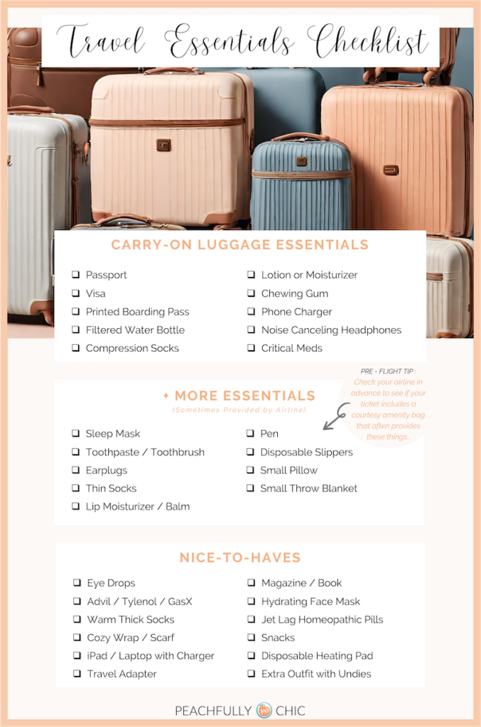 Must Have Travel Essentials Carry On Packing List Peachfully Chic